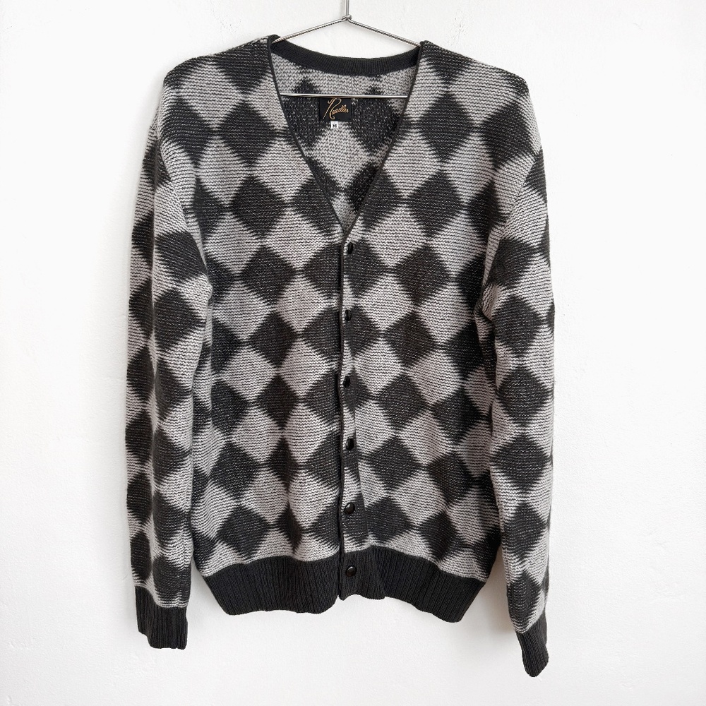 Needles Wool Cardigan Medium Black Gray Diamond Japan Knit
